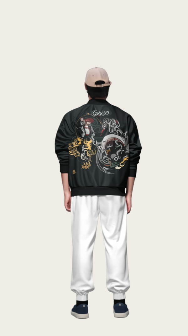 Person wearing a black jacket with dragon design on the back against a gray background