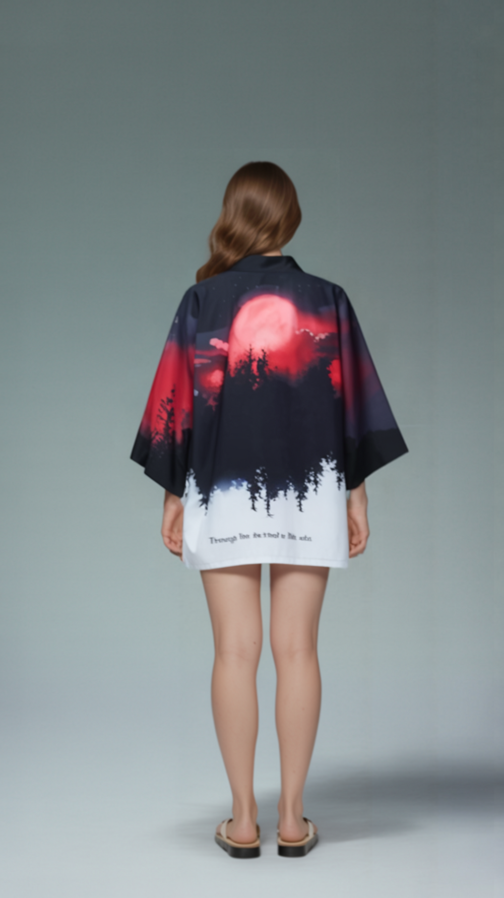 Red Moon Forest Kimono – Dark Aesthetic Unisex Haori with Night Sky Print