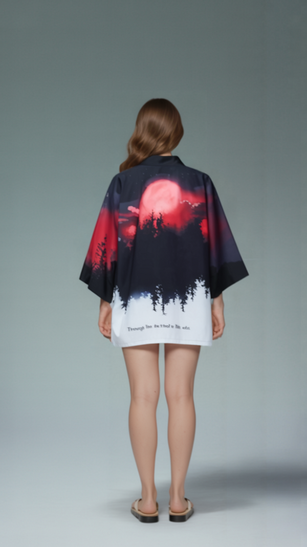 Red Moon Forest Kimono – Dark Aesthetic Unisex Haori with Night Sky Print