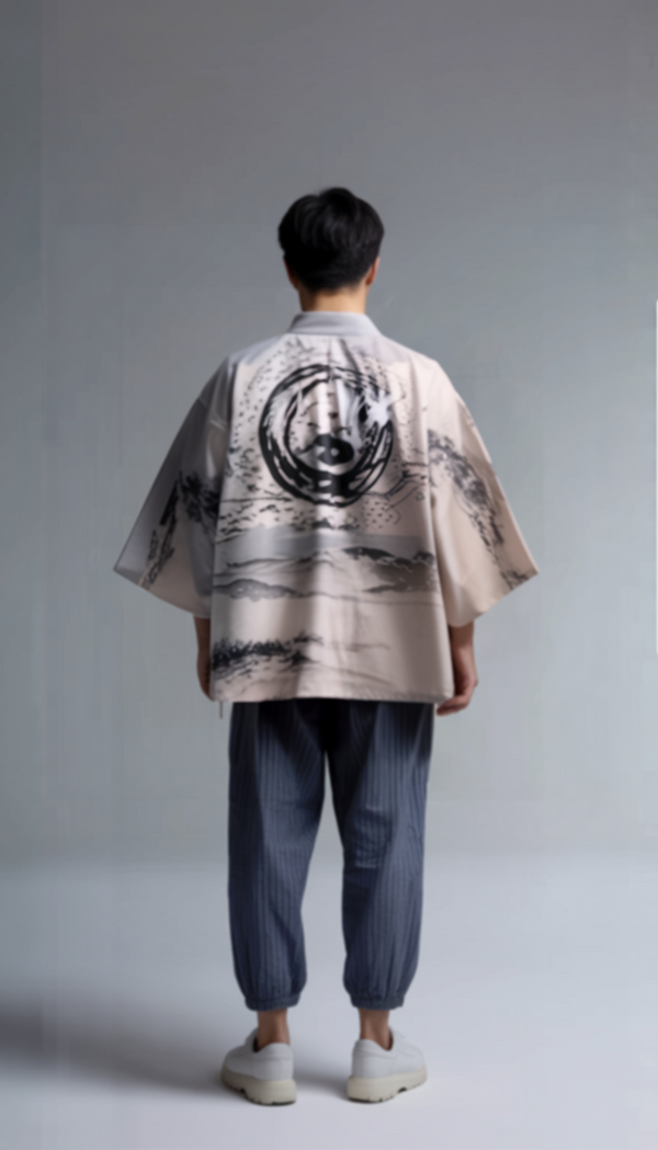 Ink-Wash Crane & Yin-Yang Kimono Cardigan – Sandstone Haori