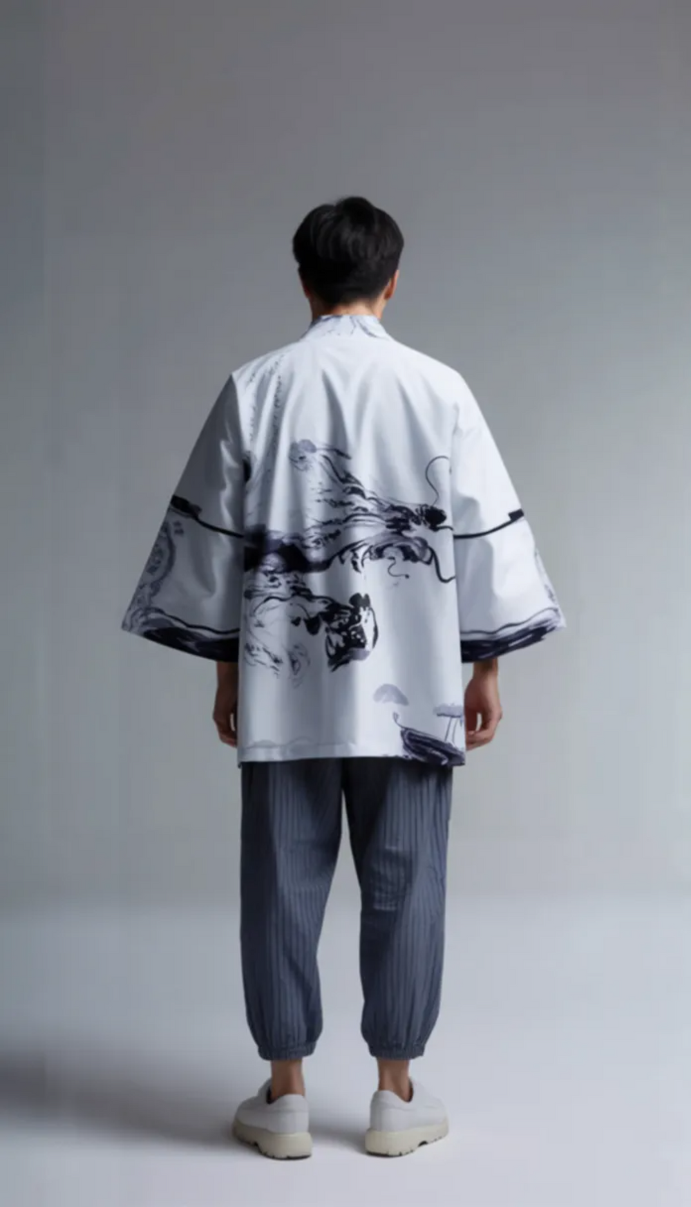 White Ink-Wash Dragon Kimono Jacket – Minimalist Haori