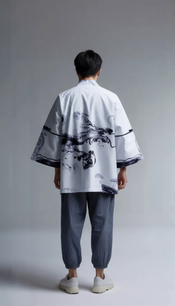 White Ink-Wash Dragon Kimono Jacket – Minimalist Haori