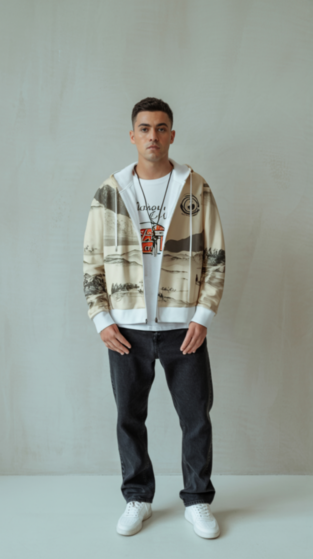 Man wearing a patterned jacket over a white hoodie with text, dark pants, and white shoes on a plain background