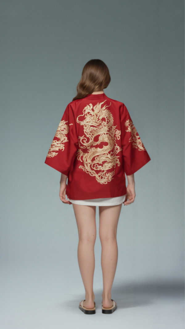 Dragon Embroidered Kimono Cardigan – Red & Black Streetwear Haori