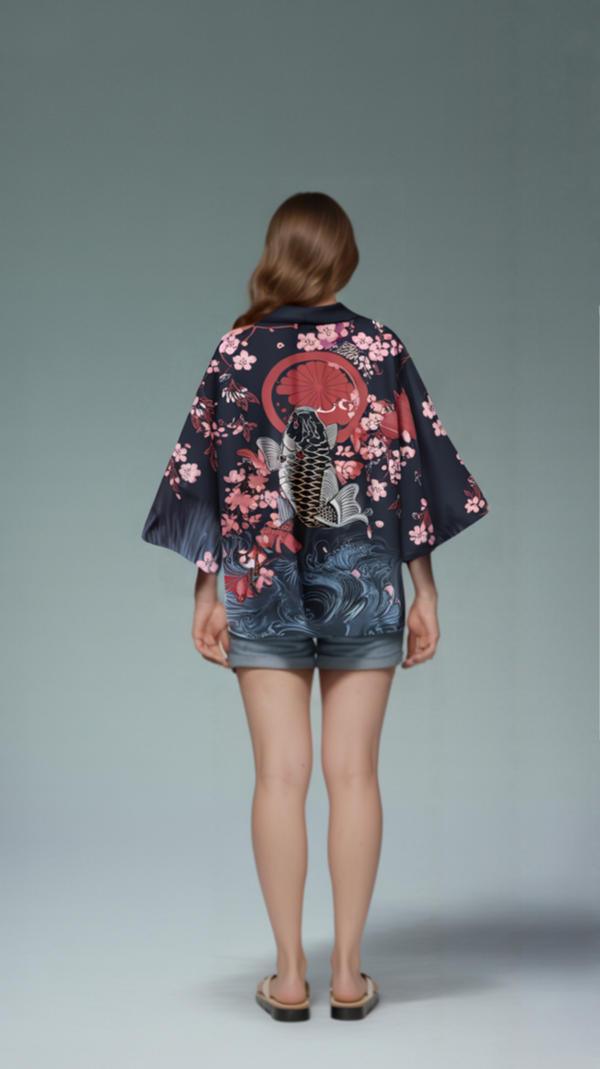 Sakura Koi Kimono – Elegant Blossom & Gold Carp Robe