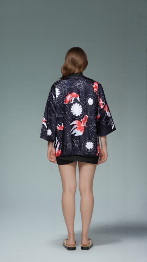 Cosmic Goldfish Kimono – Fireworks & Galaxy Pattern (Unisex)
