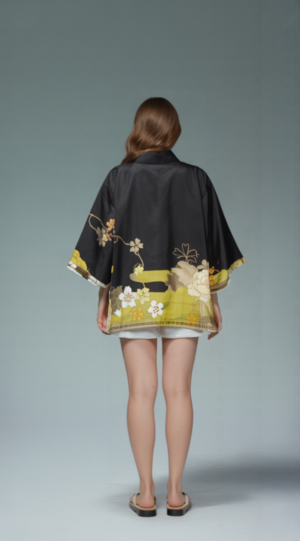 Golden Blossom Kimono Jacket – Black & Yellow Floral Elegance