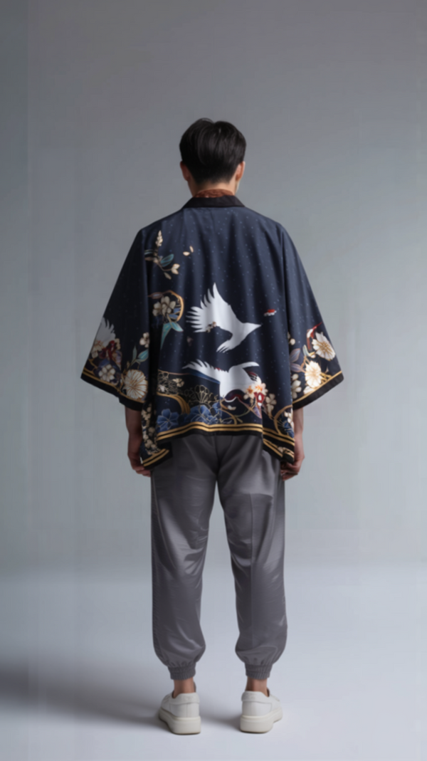 Night-Flight Crane Kimono Jacket – Midnight-Blue Haori