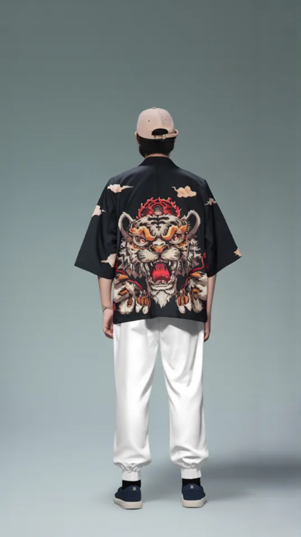 Roaring Tiger Flame Kimono Cardigan – Midnight Black Haori