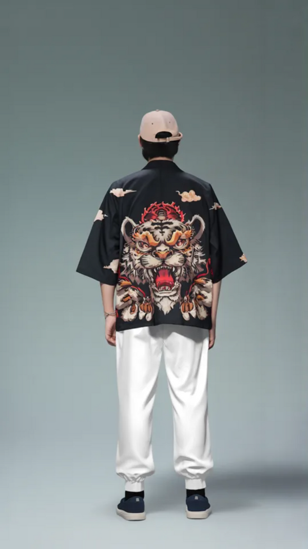 Roaring Tiger Flame Kimono Cardigan – Midnight Black Haori