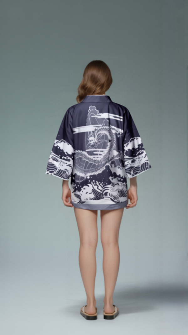 Ocean Dragon Kimono Cardigan – Mythical Japanese Haori with Wave & Serpent Design