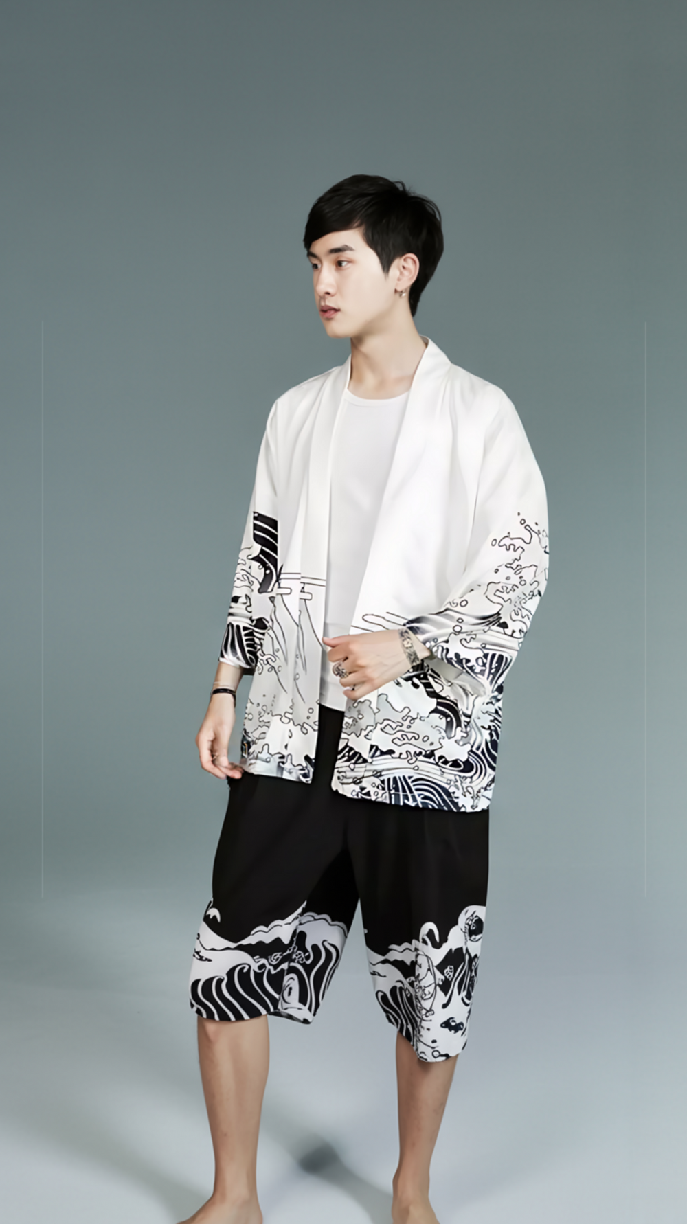 Storm Dragon Kimono Jacket – White Wave & Mountain Print