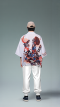 Japanese Geisha Print White Kimono Haori Cardigan Jacket