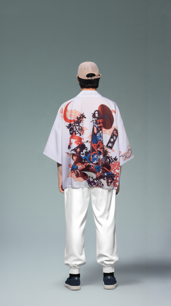 Japanese Geisha Print White Kimono Haori Cardigan Jacket