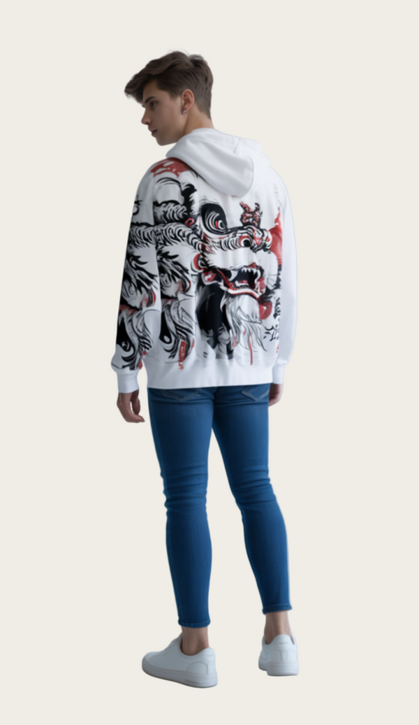 Lion Head Graphic Hoodie – White with Red and Black Art