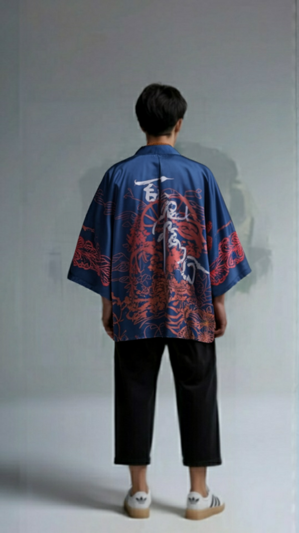 Blue Kimono with Intricate Embroidery & Calligraphy