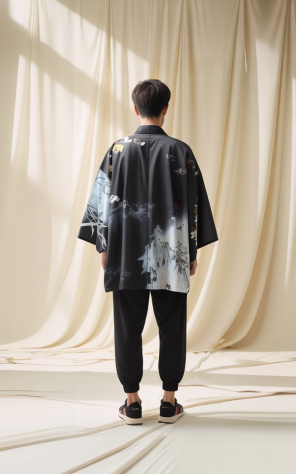 Black and White Feather Crane Kimono Jacket