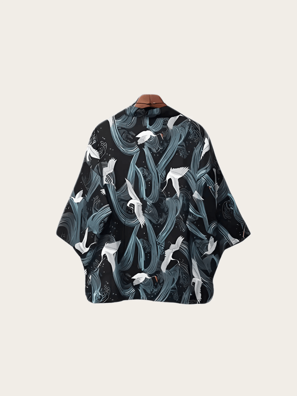 Midnight Wave Crane Pattern Kimono Jacket