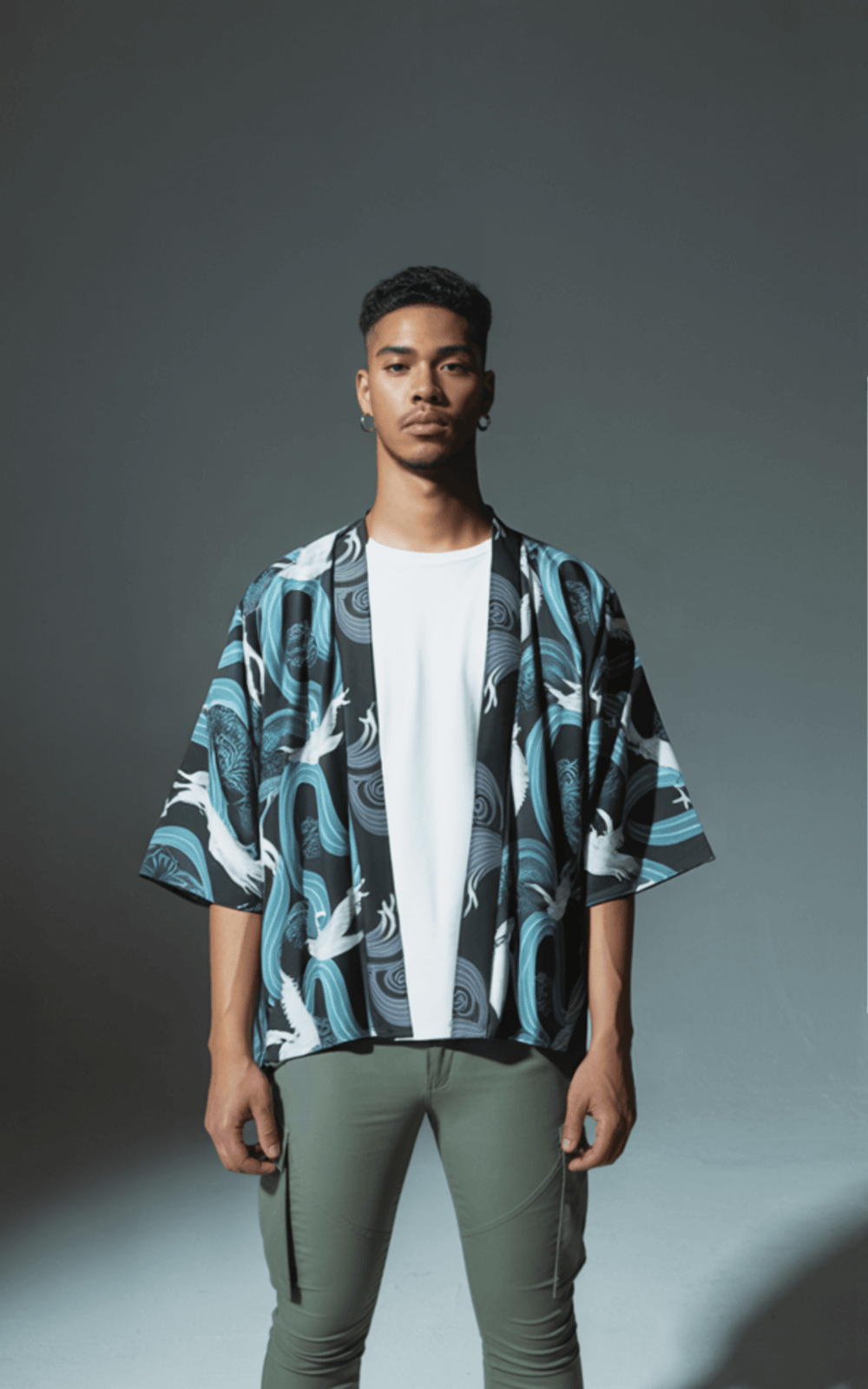 Midnight Wave Crane Pattern Kimono Jacket