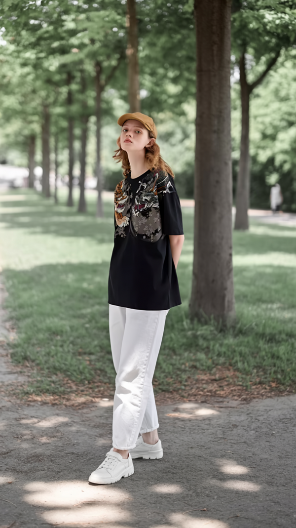 Japanese Street Style Tiger & Dragon Print Oversized T-Shirt