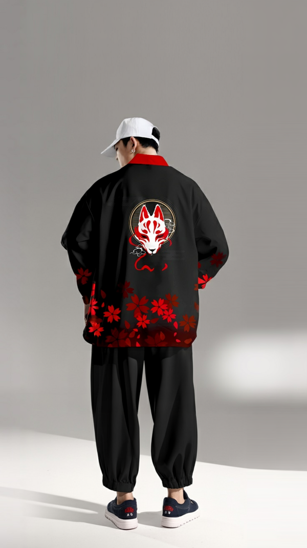 Fox Spirit Haori Kimono Jacket | Sakura Blossom & Kitsune Design