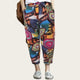 Colorful patterned pants worn by a person against a plain background
