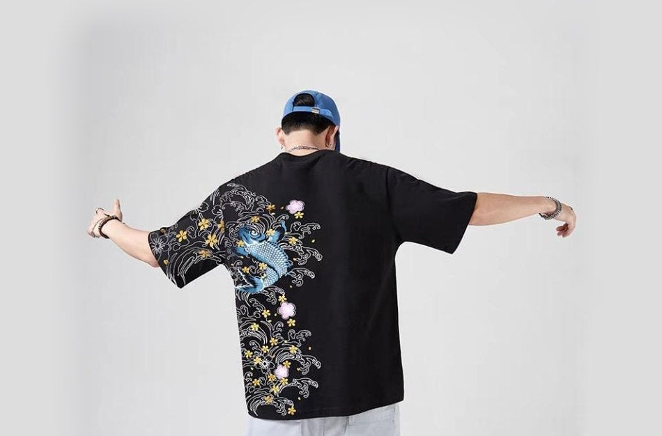 Carp Fish Embroidered Japanese T Shirt - Large