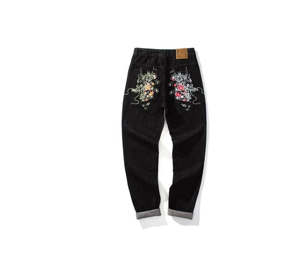 Denim Floral Embroidered Style Japanese Pants - 28