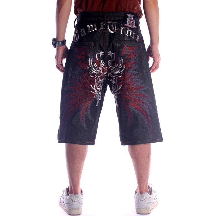 Devil Wings Embroidered Denim Japanese Shorts - 44