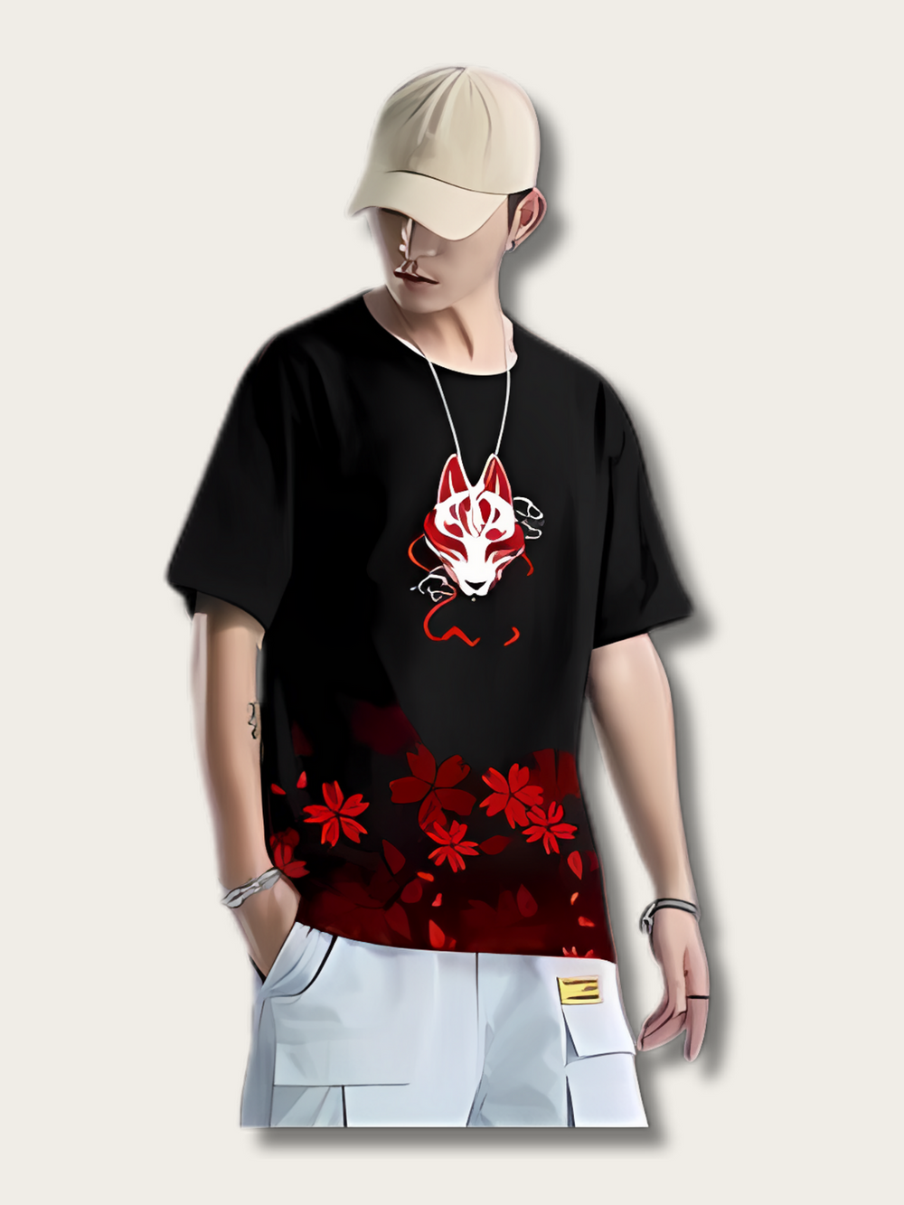 Kitsune Fox Mask Printed Japanese T Shirt - XL