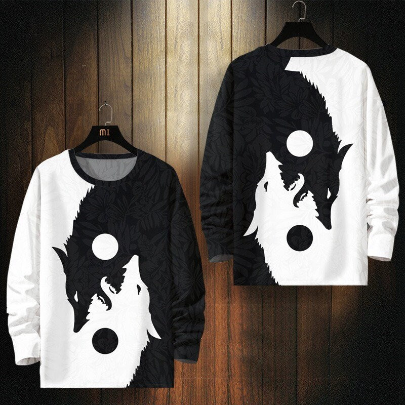 Yin Yang Wolf Print Japanese Style Sweater - Small