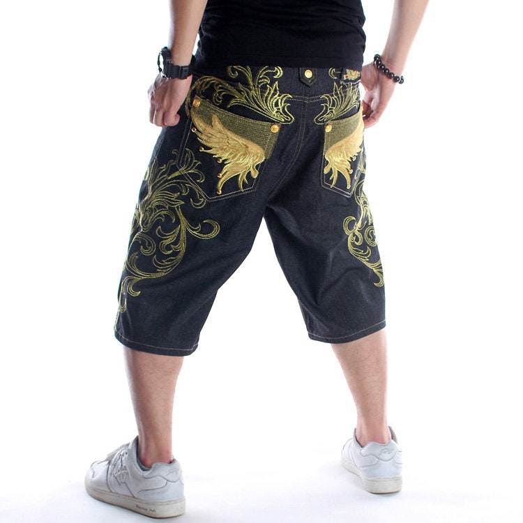 Leaves Design Embroidered Denim Japanese Shorts - 46