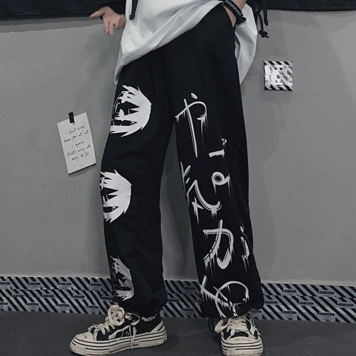Graffiti Letter Print Retro Japanese Modern Pants - XL
