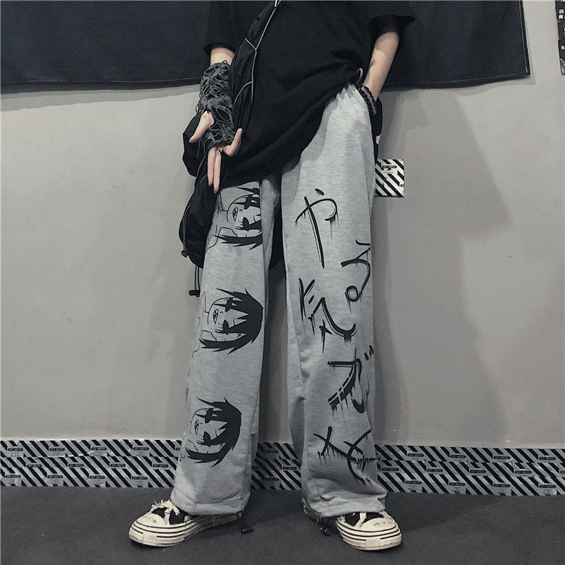 Graffiti Letter Print Retro Japanese Modern Pants - Medium