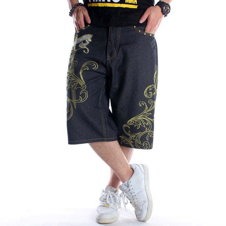 Leaves Design Embroidered Denim Japanese Shorts - 38