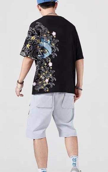 Carp Fish Embroidered Japanese T Shirt - Large