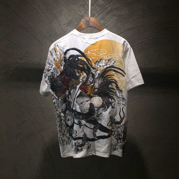 Rooster Embroidered Design Japanese T Shirt - Medium