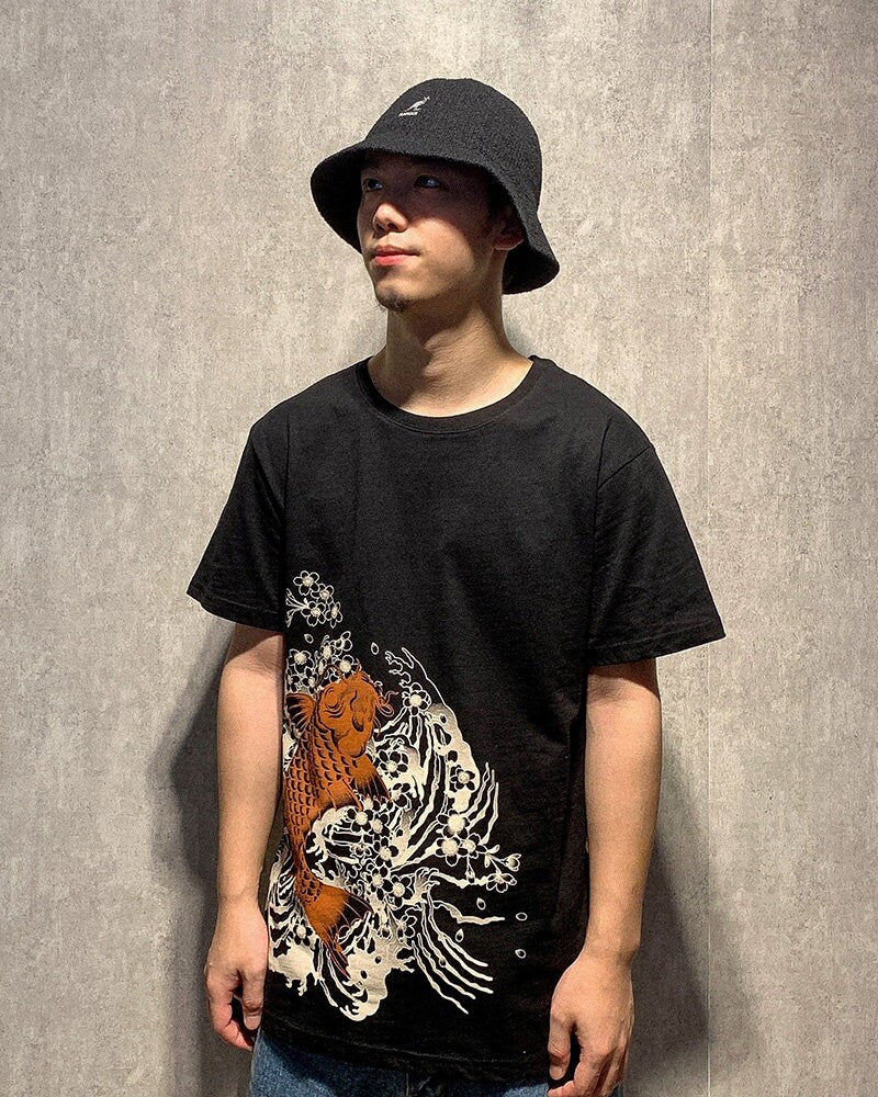 Retro Embroidered Koi Japanese T Shirt - Large