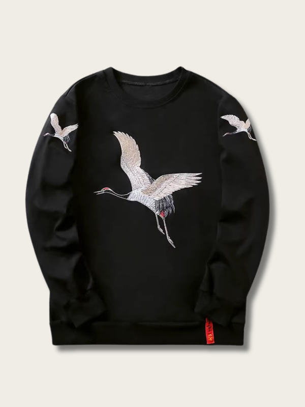 Elegant Crane Embroidered Sweatshirt - Small