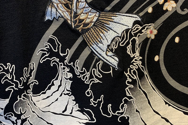 Retro Embroidered Koi Japanese T Shirt - 2XL