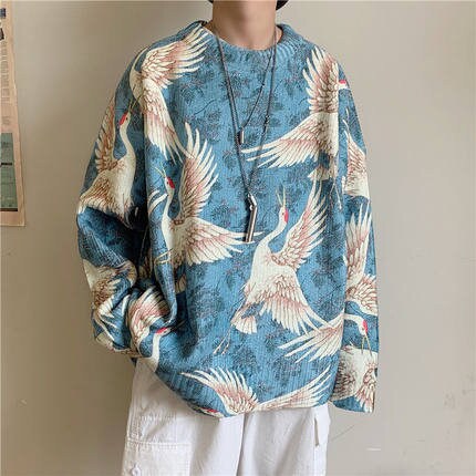 Printed Crane Harajuku Japanese Sweater - Small