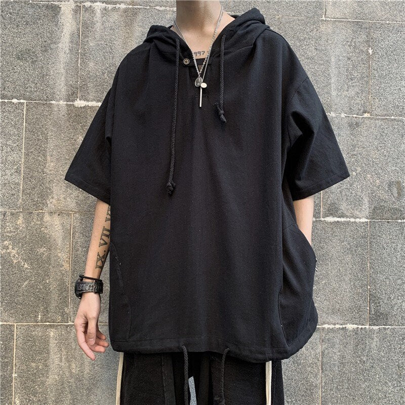 Casual Streetwear Hooded Japanese T Shirt - Large