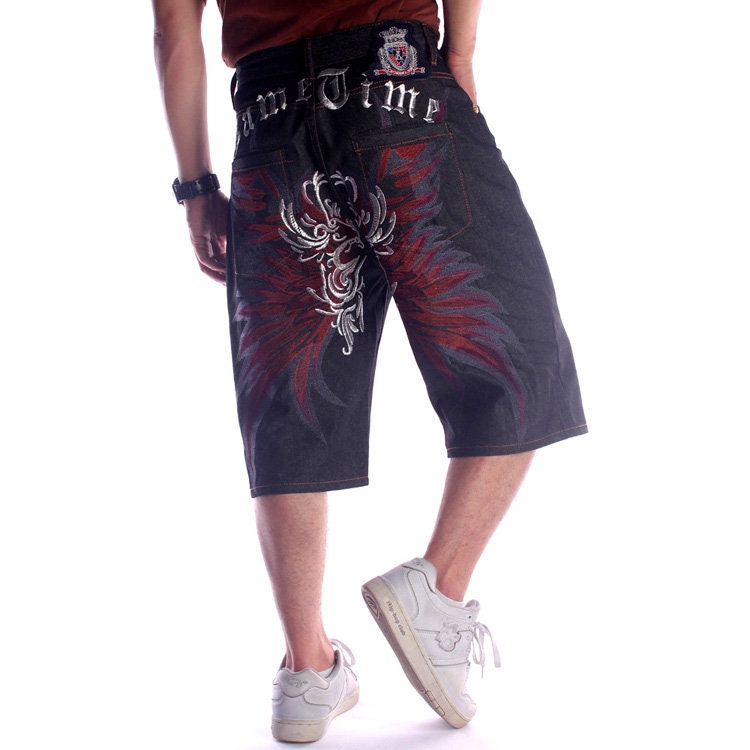 Devil Wings Embroidered Denim Japanese Shorts - 40