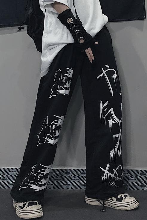 Graffiti Letter Print Retro Japanese Modern Pants - XL