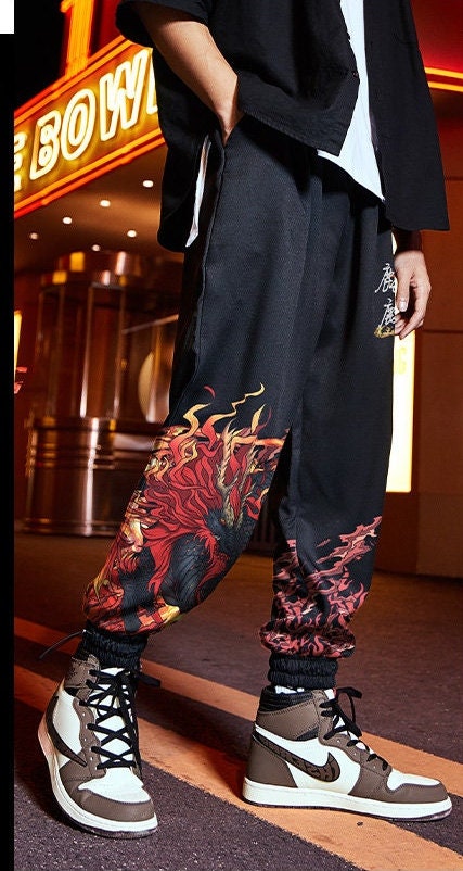 Fire Black Dragon Printed Casual Japanese Pants - 3XL