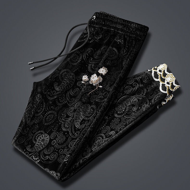Black Pattern Lotus Flower Japanese Pants - 2XL