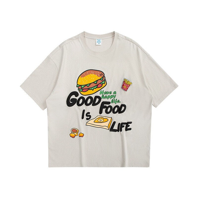 Cartoon Food Letter Print Japanese T Shirt - Medium