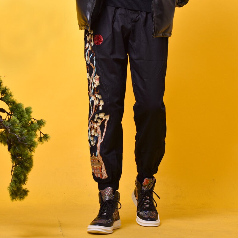 Pine Tree Embroidered Japanese Pants - 4XL
