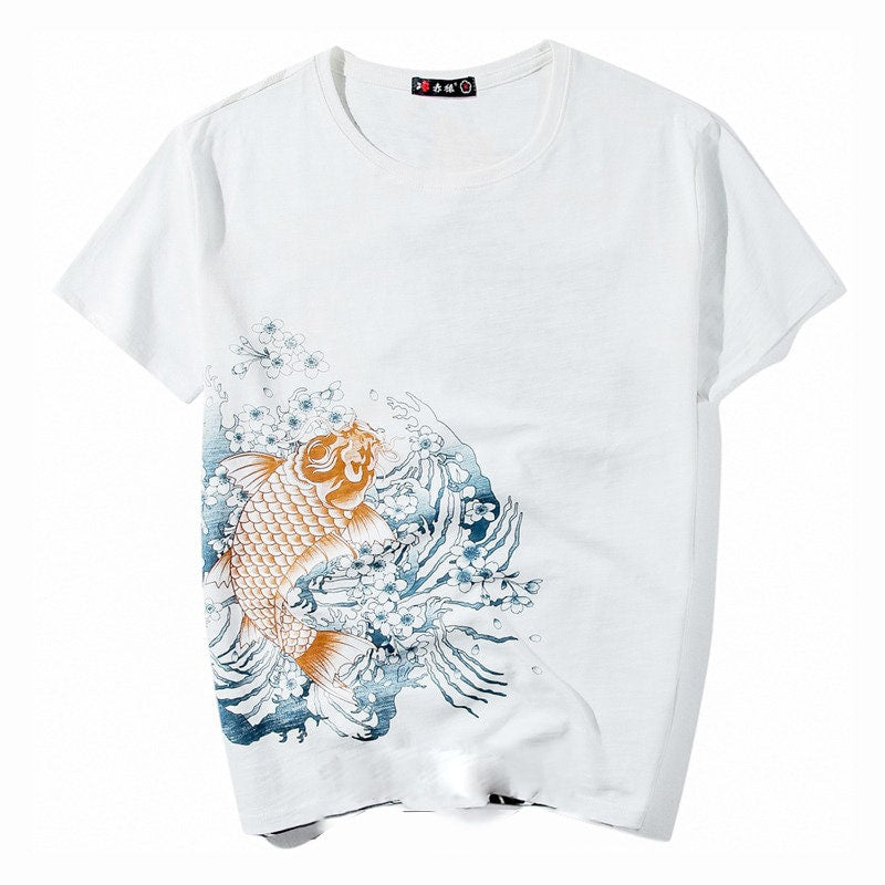 Retro Embroidered Koi Japanese T Shirt - Large