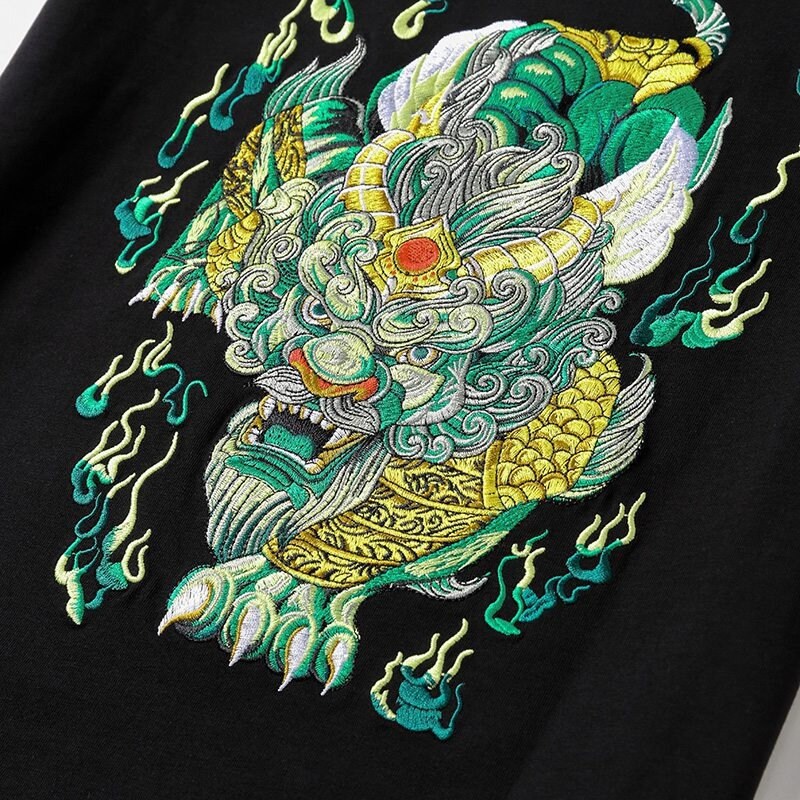 Guardian Lion Embroidery Japanese T Shirt - 3XL